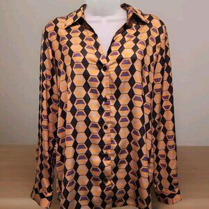 Drew Black Tan Purple Art Deco MCM Print Button Up Shirt Sz M Office